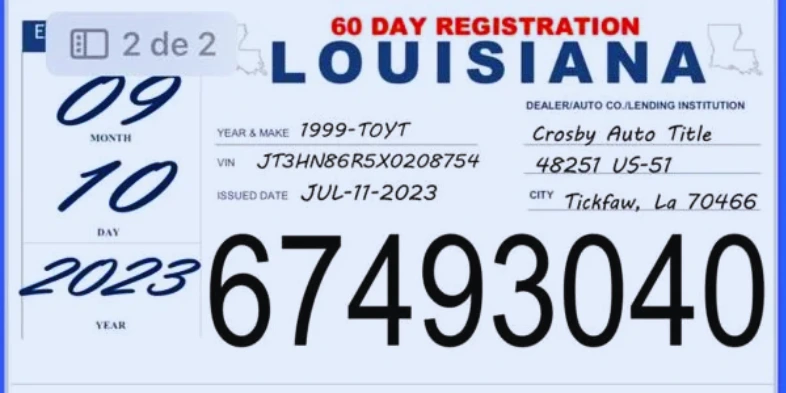 Ejemplo actualizado de las placas temporales en Louisiana T-Mark