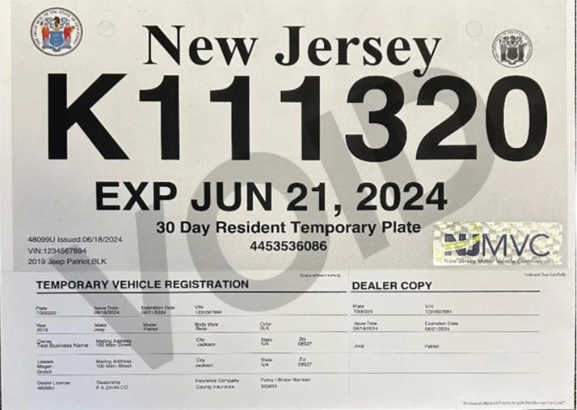 Ejemplo de Nueva placa temporal New Jersey