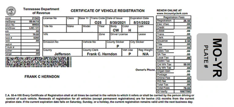 Ejemplo de sticker de placas en Tennessee y registration