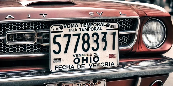 Un automóvil con una placa temporal en Ohio estacionado en una calle concurrida, con un enfoque en la autenticidad de la placa