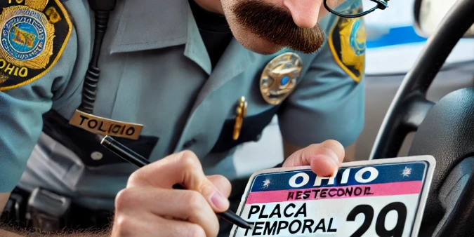 Un oficial de policía en Ohio revisando la validez de una placa temporal de un automóvil durante un control vehicular