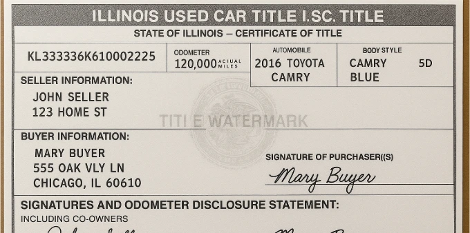 Un título de carro usado del estado de Illinois completado con detalles del comprador, vendedor y la información del vehículo.
